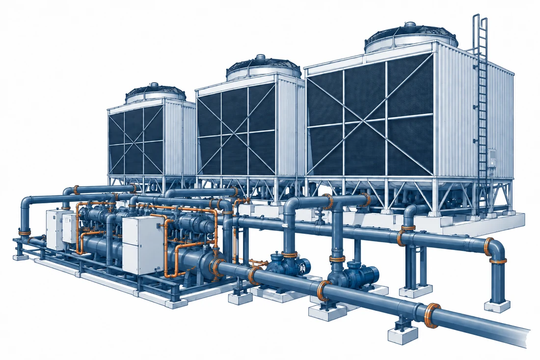 Ilustração de um sistema com condensação a água: três torres de resfriamento, chillers, bombas e tubulação.
