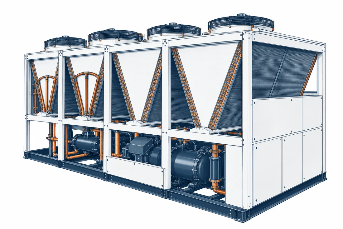 Ilustração de um chiller com condensação a ar, com quatro ventiladores no topo.