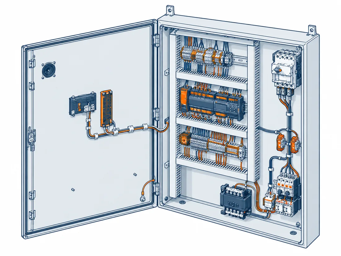 Ilustração de um painel elétrico aberto, com controladores e componentes de comando.
